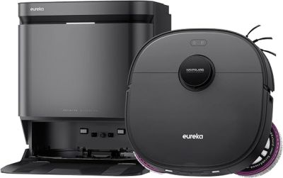 an image of a black and gray robot vacuum and a black and white machine