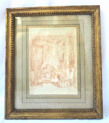 an old picture of a drawing of a family in a living room