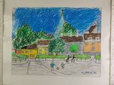 drawing of a street scene with a church steeple in the background