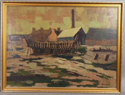 une peinture sur le mur d'un immeuble, avec un bateau au premier plan