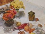 a painting of a vase of flowers and fruit on a table