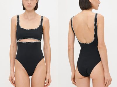 two pictures of a woman in a black swimsuit with a cut out back