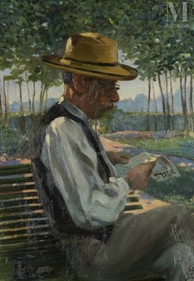 a painting of a man sitting on a bench reading a book