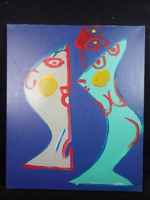 tableau représentant le visage d'une femme et celui d'un homme, peint en bleu, rouge et jaune