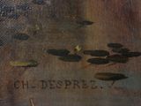 an oil painting of water lillies floating in a pond of water with the word ' ch desprez ' written on it