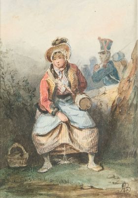 painting of a woman sitting on a log with a man in the background