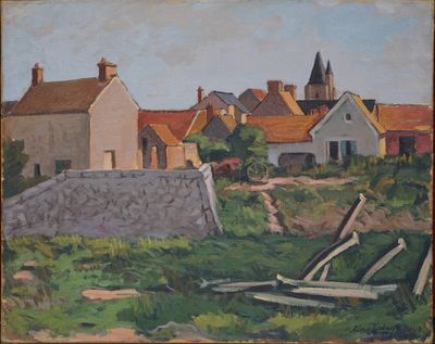 tableau représentant un village avec un mur de pierre et une clôture au premier plan