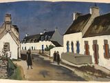 a painting of people walking down a street in a village