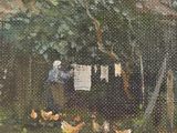 a painting of a man standing in a yard with chickens