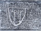 a close up of a black and white drawing of a shield