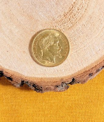 a gold coin sitting on top of a piece of wood