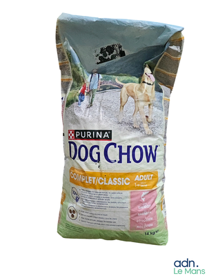 La nourriture pour chien est posée par terre à côté d'un sac de nourriture pour chien