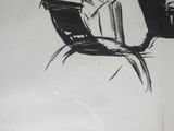 a black and white drawing of a man sitting in a chair