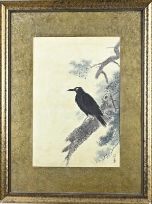 peinture représentant un oiseau noir perché sur une branche d'arbre