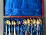 six spoons in a box with a blue cover