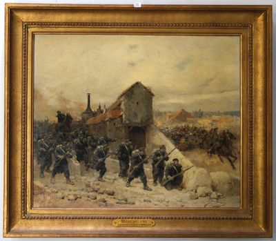 une image représentant un tableau où l'on voit un groupe d'hommes à cheval