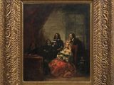 a painting of a family sitting in a room with a man holding a baby