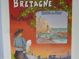 affiche représentant une femme et un enfant assis sur un banc face à la plage