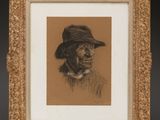 un dessin représentant un homme coiffé d'un chapeau, dans un cadre doré