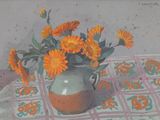 une peinture représentant un vase avec des fleurs sur une table