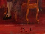 painting of a man sitting in a chair reading a book and a woman standing next to him