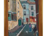 an oil painting of a couple walking a dog down a street