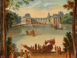 a painting of a painting of people in a boat on a river