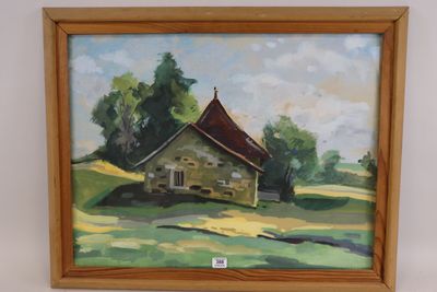 an oil painting of a house in a field with trees in the background