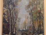 un tableau représentant une route au milieu d'une forêt