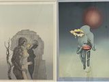 deux tableaux représentant une femme tenant un objet rouge et un homme tenant un objet rouge