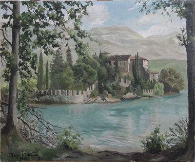 une peinture à l'huile représentant un château situé sur une colline surplombant un plan d'eau