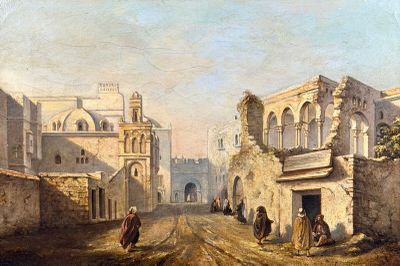 painting of a street in an old european city with a horse drawn carriage
