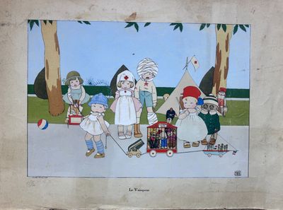 a painting of a group of children playing with toys