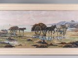 an oil painting of a group of horses pulling a wagon down a dirt road