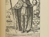 an old book with a picture of a man in a costume
