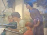 a painting of a group of people sitting on a bench
