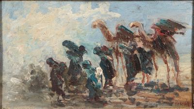une peinture à l'huile représentant un groupe de personnes chevauchant des chameaux