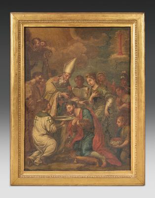 a painting of a group of people gathered around a man holding a sword