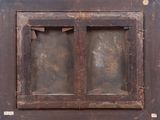 an old wooden window with a brown paint on it