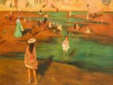 un tableau représentant une femme marchant sur la plage