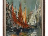 une peinture à l'huile représentant des voiliers dans un port par une journée ensoleillée