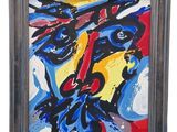 abstract painting of a man with a guitar in a black frame