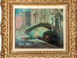 une image d'une peinture représentant un pont sur une rivière