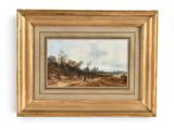 a painting of a landscape with trees and a river in the distance
