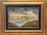a painting of a landscape with clouds and mountains in a gold frame