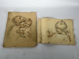 un vieux livre contenant deux dessins représentant un bébé et un ours en peluche