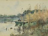 une peinture représentant un bateau sur un plan d'eau