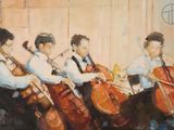 un tableau représentant un groupe de personnes jouant du violoncelle
