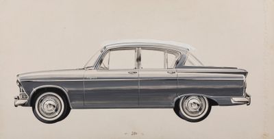 drawing of an old car with a white top and chrome rims