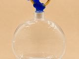 un oiseau bleu perché au sommet d'une bouteille en verre transparent